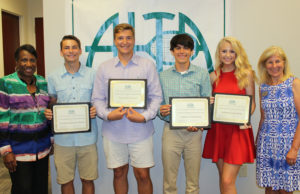 Congratulations to our ALTA Scholars ALTA President Joyce Vance, far left, and ALTA Foundation President Linda Shepherd, far right, honored this year's scholarship winners. They are Brandon Banke, Neal Seymour, Cameron Raj and Rebekah Bobo, from left.