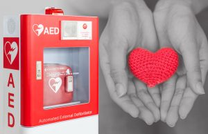 Does Your Tennis Facility Have A Defibrillator? AED or Automated External Defibrillator first aid help giving life heart concept