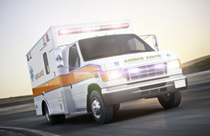 Jensens Never Quit! Ambulance running with lights and sirens on a street with motion blur. Photo realistic 3d model scene.