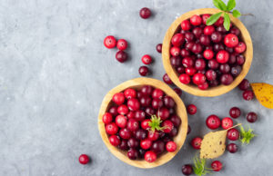Cranberry Brie Tarts Fresh red cranberry in wooden bowl. Autumn harvest of wild berries. Above view.