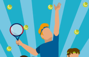 Winning Points With A Positive Attitude Tennis players launching balls cartoons over striped blue background vector illustration graphic design