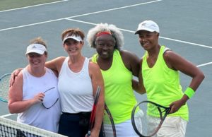 Good Sportsmanship True Good Sportsmanship on display at the Senior Women C3 City Fnals. L-R: Hamilton Mill's Angie Hutson and Lori D'adamio and Sugar Creek's Eva Gleaton and Kim King.