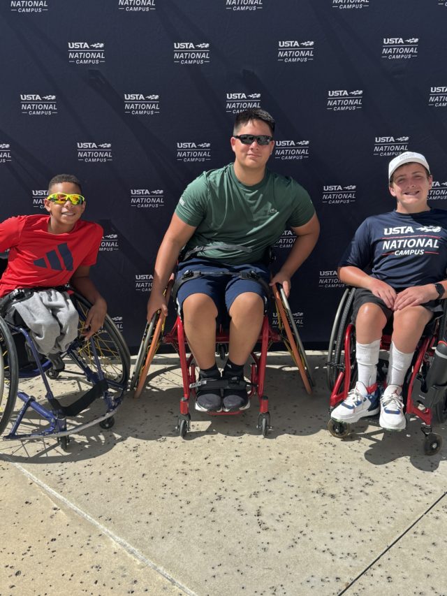 Wheelchair1 Jordan Bates, Caleb Yun, and John Grimsley at the USTA Wheelchair Junior Nationals Tournament in Orlando, Florida.