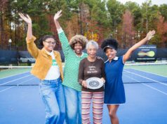 Serving Above And Beyond L-R: Ryleigh Harris, granddaughter; Euodia Harris, mother; Anne Rambo, grandmother; and Kennedi Harris, granddaughter. Anne is a 50+ season captain and encouraged her granddaughters to play tennis. Not pictured is granddaughter, Avery Harris, who has also been an ALTA City Champion.