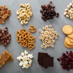 Variety of healthy snacks overhead shot