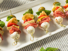 Antipasto Skewers Homemade Antipasto Bite Appetizer with Mozarella Salami Basil and Artichoke